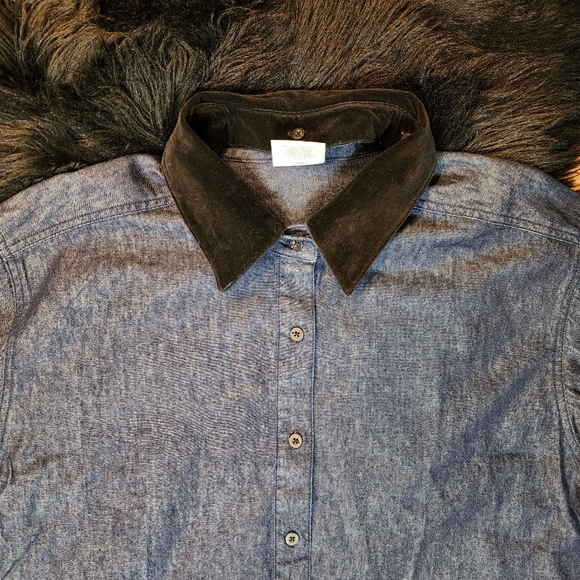 Denim Chambray Shirt with Reversible Removable Embroidered Velvet Collar Size L - Picture 9 of 12
